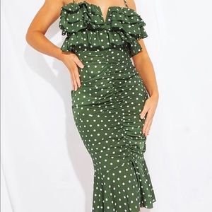 Green polka dot rouche detail midi dress
